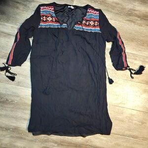 Falls Creek Black Dress 3/4 Sleeves Colorful‎ Aztec Embroidered Li…